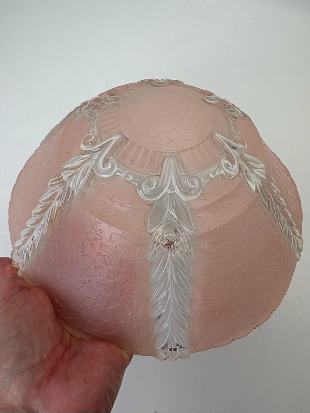 Vintage Art Nouveau Pink Art Glass Light Fixture with White Relief Accents - Picture 8 of 11